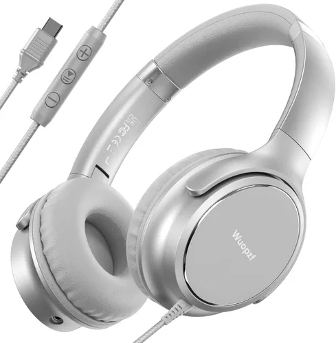 Miniatura 9 de Auriculares con cable USB C sobre la oreja con micrófono, control de volumen, puerto compartido y diadema ajustable, auriculares estéreo plegables