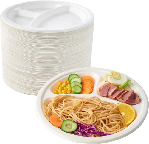 Miniatura 8 de ECOLipak Platos de 5 compartimentos 100% compostables, paquete de 100 platos de papel desechables con compartimentos, platos biodegradables de caña