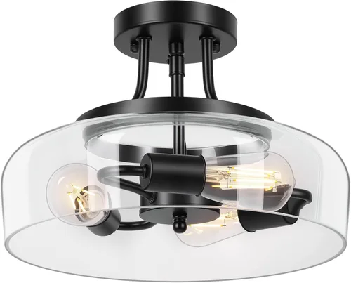 Miniatura 11 de Lámpara de techo industrial moderna semiempotrada con pantalla de vidrio transparente, lámpara de techo negra de 3 bombillas para cocina