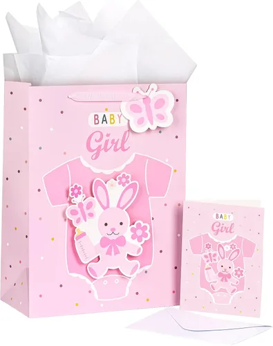 Miniatura 10 de LeZakaa Bolsa de regalo de conejo de 16 pulgadas con papel de seda, etiqueta de regalo y tarjeta, bolsa caqui con conejo en el baño y diseño de Bebé