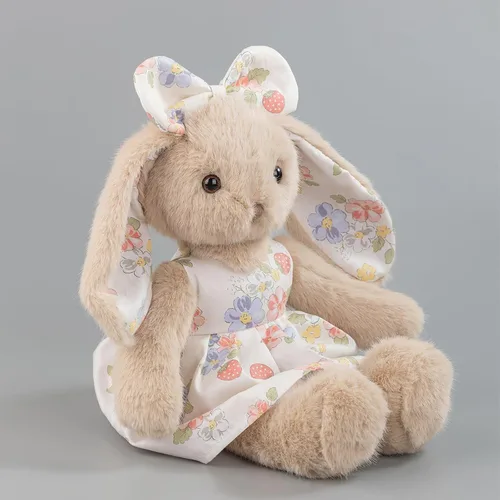 Miniatura 2 de Conejito de peluche de 14 pulgadas, conejo beige con vestido floral de fresa y lazo, regalo de conejo de Pascua suave para niñas, decoración