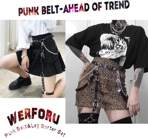 Miniatura 2 de WERFORU Cinturón punk de piel sintética para mujer con cadena, cinturón gótico de roca con ligas de pierna