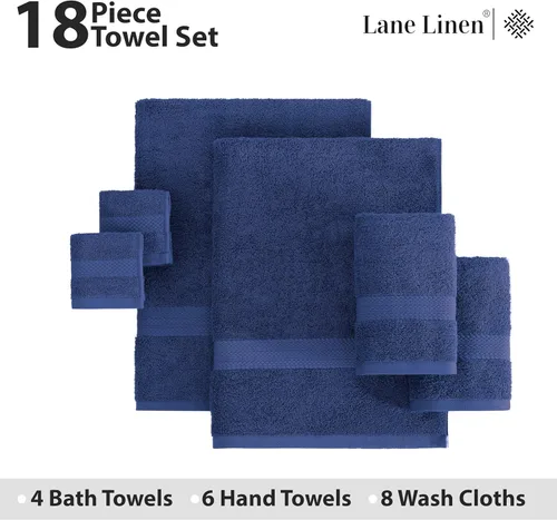 Miniatura 4 de LANE LINEN - Juego de toallas de baño, 18 piezas, 100% algodón, tamaño grande, 4 toallas de baño, 6 toallas de mano, 8 toallas pequeñas, para spa