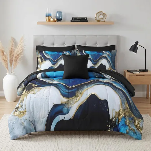 Pamnest Juego de edredón tamaño Twin, juego de ropa de cama de mármol azul profundo de 5 piezas para niños y adultos, juegos de sábanas de piedra