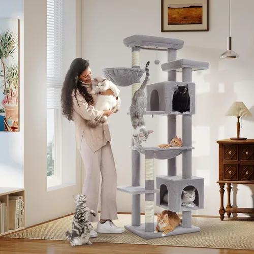 Miniatura 27 de PETEPELA Árbol de Madera para Gatos de Interior Torre de Múltiples Niveles con Postes Rascadores Cubiertos de Sisal, Condominio Acogedor, Hamaca