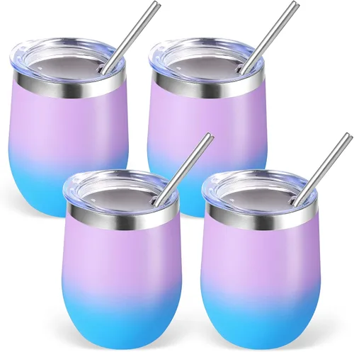 Miniatura 53 de Volhoply - Juego de 12 vasos de vino de 12 onzas con tapa, hechos de acero inoxidable con aislamiento al vacío de doble pared, vasos de vino sin Rosa