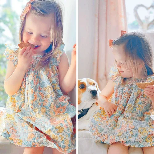 Miniatura 3 de Simplee kids Vestido casual para niñas pequeñas, vestido fruncido con estampado floral para primavera y verano de 1 a 6 años
