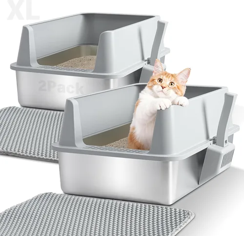 Miniatura 11 de Paquete de 2 cajas de arena para gatos de acero inoxidable con tapa, litterox extra grande para gatos grandes con lado alto, antiadherente, fácil