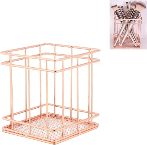 Cesta de almacenamiento de hierro, organizador de cosas pequeñas de maquillaje, decoración de escritorio, caja de hierro oro rosa (tipo B: aprox.