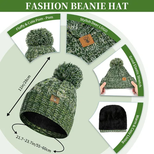Miniatura 2 de Conjunto de gorro de invierno cálido para mujer con guantes de pantalla táctil, bufanda larga con diseño de pompón, gorra de calavera forrada