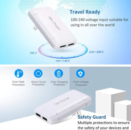 Miniatura 7 de Cargador de pared delgado, paquete de 2 cargadores de pared USB-A de doble puerto de 3A/5V con enchufe plegable, enchufe de pared USB doble plano