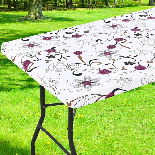 Miniatura 56 de Smiry Mantel cuadrado para mesa de pícnic, impermeable, elástico, ajustable, para campamento, protector de vinilo con parte trasera de franela Beige