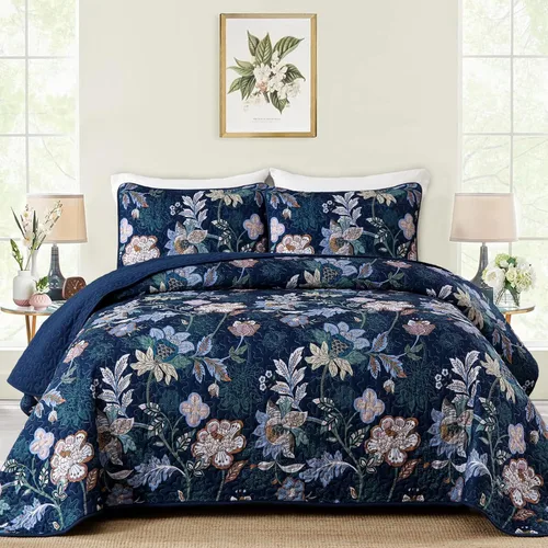 Miniatura 9 de WONGS BEDDING Juego de colcha tamaño Queen, juego de ropa de cama con estampado botánico negro, 3 piezas, colcha floral con 2 fundas de almohada