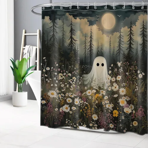 Miniatura 3 de LB Cortina de ducha espeluznante de Halloween, lindo fantasma en flores, árbol negro, luna llena, cortinas de ducha para baño, tela de poliéster