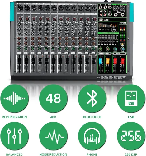 Miniatura 3 de Depusheng PA12 Mezclador de audio profesional, consola de mesa, sistema de interfaz de 12 canales, digital, USB, Bluetooth, MP3, entrada