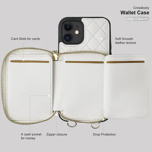 Miniatura 6 de Bocasal Funda tipo cartera cruzada para iPhone 12/12 Pro, bloqueo RFID, de piel sintética, con cremallera, bolso cartera con tapa plegable, funda