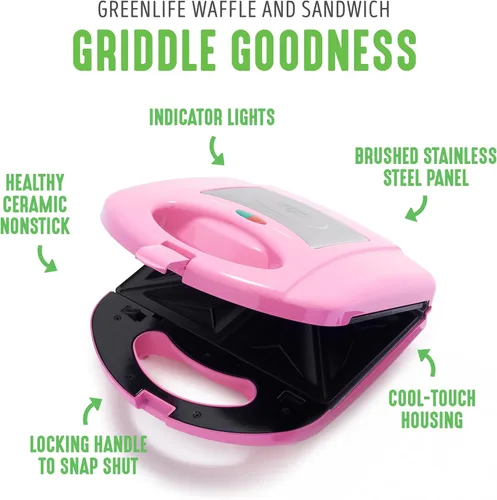 Miniatura 4 de GreenLife Sandwichera Eléctrica para Waffles, Tostadora, Prensa Panini con Placas Antiadherentes de Cerámica Saludables, Perfecta para Sándwiches