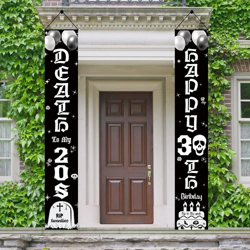 Miniatura 6 de Aodocuto Cartel decorativo para puerta de cumpleaños número 30 para mujeres y hombres, negro y blanco con la muerte a mis veinte años 30