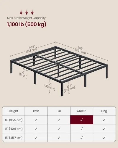Miniatura 2 de VASAGLE Base de cama de metal tamaño individual de 14 pulgadas de alto, capacidad de peso de 550 libras, no necesita somier, con almacenamiento