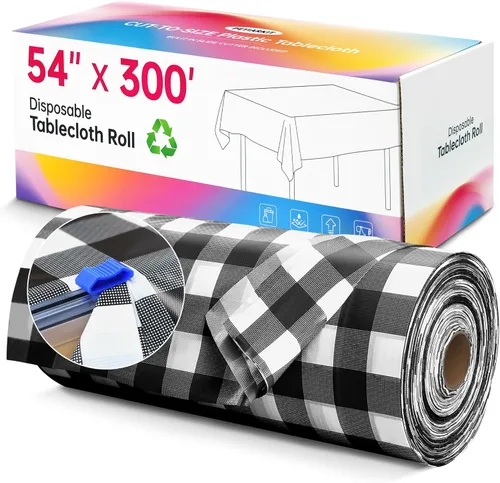 Miniatura 20 de Mantel de plástico desechable, rollo de mantel negro de 54 pulgadas x 300 pies, mantel desechable con cortador deslizante para mesas redondas