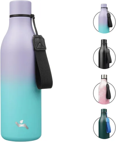 Miniatura 23 de Konokyo Botella de agua aislada con correa, botella de agua de acero inoxidable de 18 onzas de doble pared con aislamiento al vacío, frasco de Verde