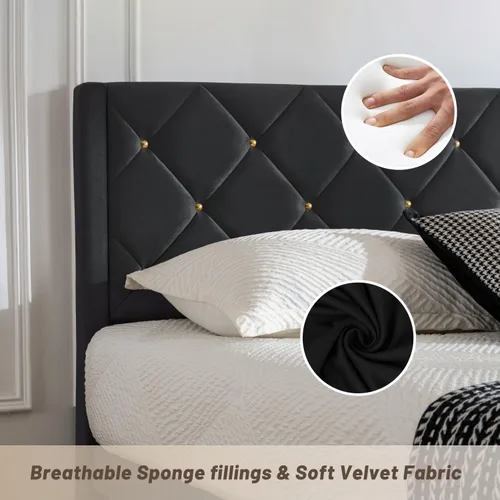Miniatura 4 de Base de cama de plataforma de tamaño matrimonial con cabecera de terciopelo, soporte de listones de madera resistente, base de colchón, no requiere