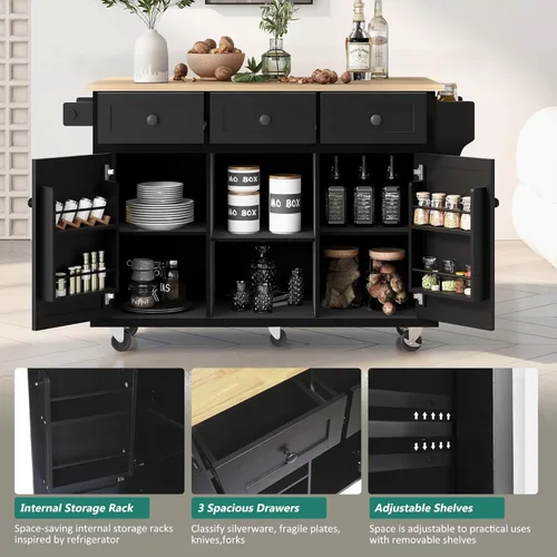 Miniatura 3 de LUMISOL Isla de cocina rodante con hoja abatible, carrito de cocina sobre ruedas con 3 cajones y 2 gabinetes, isla trolley portátil de madera