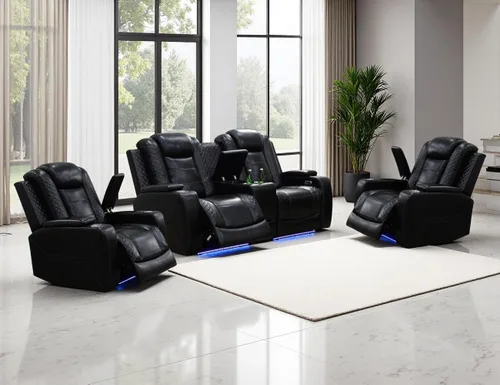 Juego de Sofá Reclinable Eléctrico, Juego de Sofá y Sillón Reclinable de Cuero Negro, Juegos de Muebles de Sala de Estar, Sofá de Dos Plazas