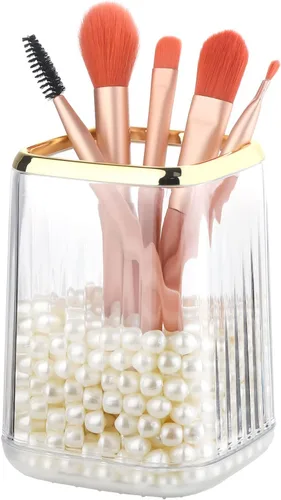 Soporte para brochas de maquillaje transparente dorado, taza organizadora de belleza cosmética vintage para tocador, soporte para lápiz de labios,