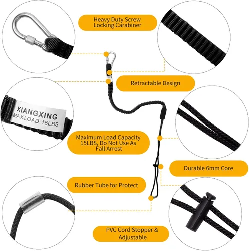 Miniatura 2 de Correa de herramienta retráctil, paquete de 3 correas de seguridad para herramientas con mosquetón de aluminio y clip de cierre y extremo de bucle