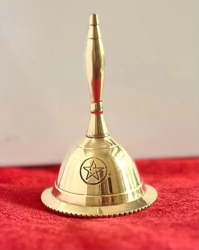 Miniatura 7 de Indian Consigners Campana de mano de latón con sonido fuerte, campanas de altar, péndulo de 3 pulgadas (Flor de la Vida)