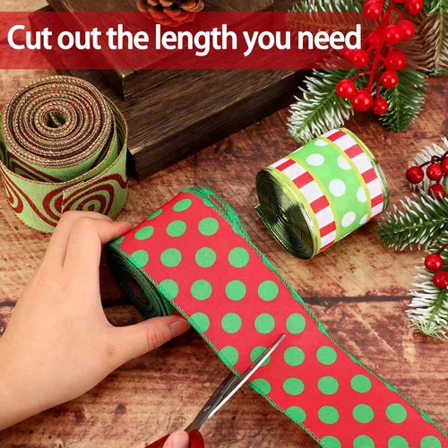 Miniatura 7 de 3 rollos de cinta de Navidad con alambre de 30 yardas, cinta de envoltura de Navidad roja y verde lima, 2.56 pulgadas de ancho, cintas de tela