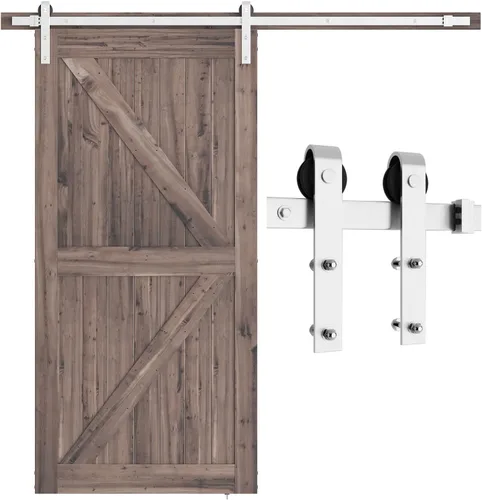 SMARTSTANDARD Kit de herrajes para puerta de granero de níquel cepillado de 7 pies, pista deslizante resistente, suave y silenciosa, fácil de
