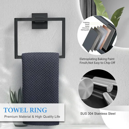 Miniatura 3 de Juego de 6 piezas de accesorios de baño negros de 23.6 pulgadas, juego de toallero doble, toallero, anillo, gancho para abrigo y soporte para papel