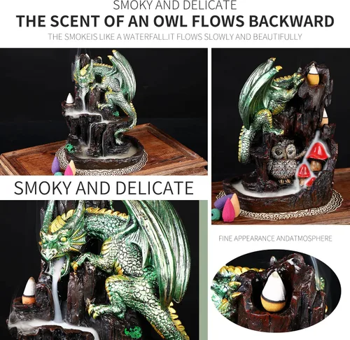 Miniatura 4 de Dragon Backflow - Quemador de incienso de 2 caras en cascada de montaña, soporte de incienso de humo con conos de incienso de reflujo, pinzas, Verde