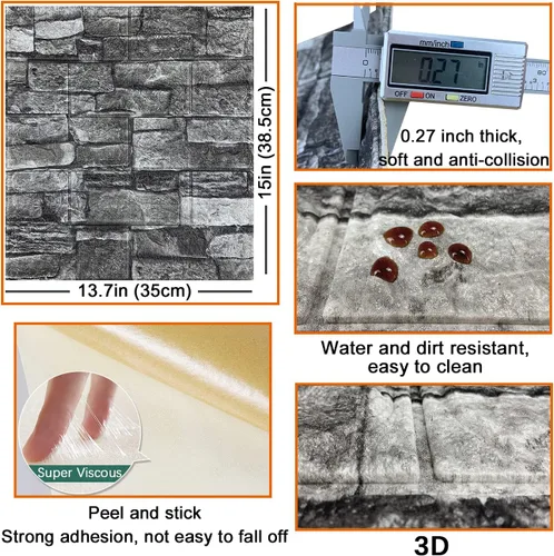Miniatura 5 de 10 paneles de pared 3D para despegar y pegar, papel tapiz de ladrillo 3D para despegar y pegar, panel de pared de piedra sintética, ladrillo de Negro
