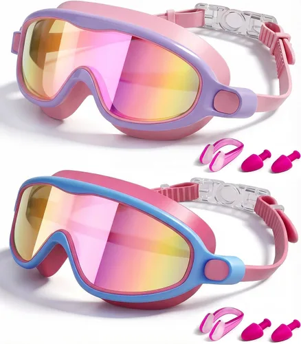 Miniatura 19 de Swim Goggles 2 Pack, Wide View Anti Fog&UV Swimming Goggles for Audlt, No Leaking Swim Glasses for Men Women Kids Aqua & Plata Brillante