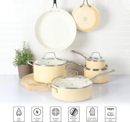 Miniatura 5 de Martha Stewart Lockton Premium - Juego de ollas y sartenes de aluminio antiadherente de alta calidad, sin PFA, 10 piezas, esmaltado, color crema