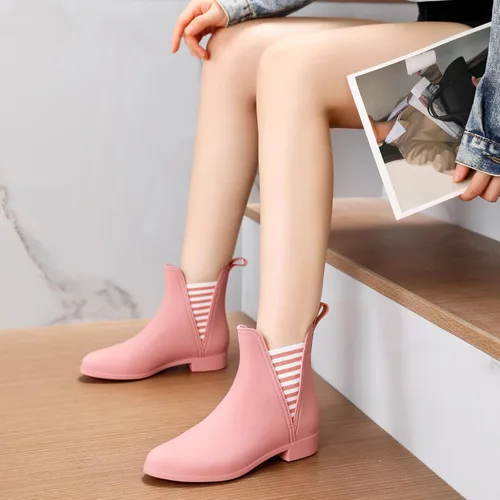 Miniatura 6 de Hsttgsr Botas de lluvia para mujer, cómodas botas de goma cortas antideslizantes, elegantes botines elásticos de tacón medio para jardín