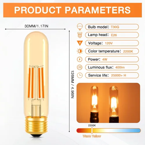 Miniatura 2 de ToBeGreat Bombilla LED T10 equivalente a 4 W, equivalente a 40 W, 2200 K ámbar blanco cálido, bombilla de filamento Edison tubular E26, luz de tubo