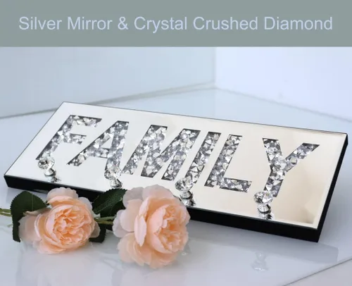 Miniatura 2 de Crushed Diamond Mirrored FAMILY - Letrero de placa de letras de espejo plateado de 15 pulgadas con 4 ganchos acrílicos de cristal, colgador