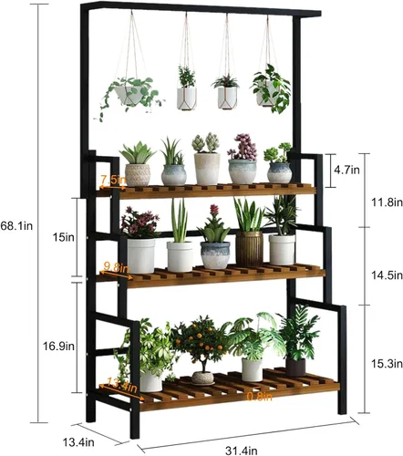 Miniatura 2 de Gdrasuya10 Soporte de 3 niveles para plantas colgantes, estantes de maceta de 68 pulgadas de alto, organizador de macetas, estante de metal