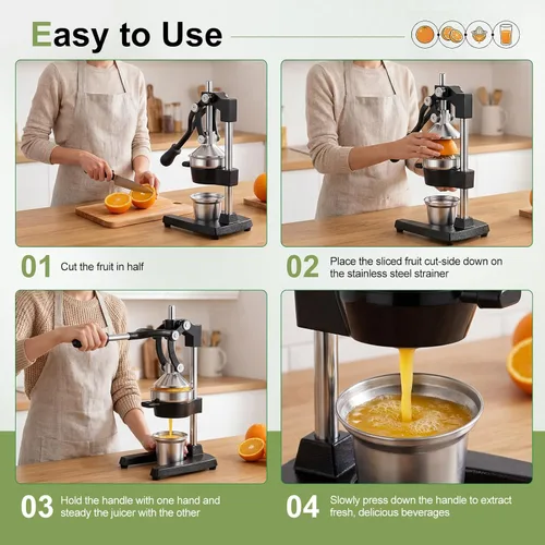 Miniatura 7 de Exprimidor manual de hierro fundido, exprimidor de mano comercial con taza de acero inoxidable, exprimidor manual de alta resistencia, prensa