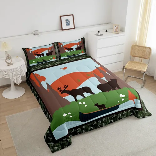 Miniatura 3 de Juego de ropa de cama de jejeloiu con diseño de ciervos y osos para niños y niños, edredón ultra suave para campistas, decoración feliz acampando