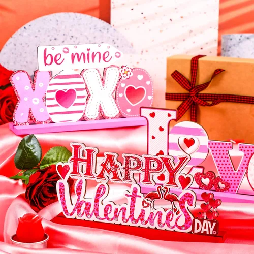 Miniatura 6 de Sumind 3 piezas de decoración de mesa de madera para el día de San Valentín para el hogar, centro de mesa de San Valentín para comedor, oficina