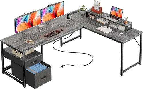 Miniatura 10 de PRAISUN Escritorio en forma de L de 55 pulgadas con tomas de corriente y puerto USB-C, escritorio de oficina en casa con cajones de tela de archivos