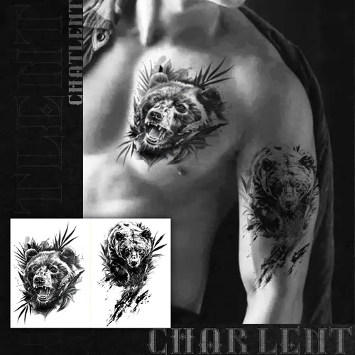 Miniatura 2 de CHARLENT 18 tatuajes temporales realistas de oso tigre, león, lobo para hombres y adultos, calcomanías de tatuajes de animales falsos negros