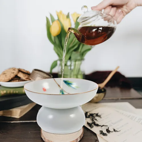 Miniatura 2 de DOITOOL Colador de filtro de té de cerámica de porcelana con soporte de soporte, juego de utensilios de ceremonia de té chino de Kongfu (estilo 2)