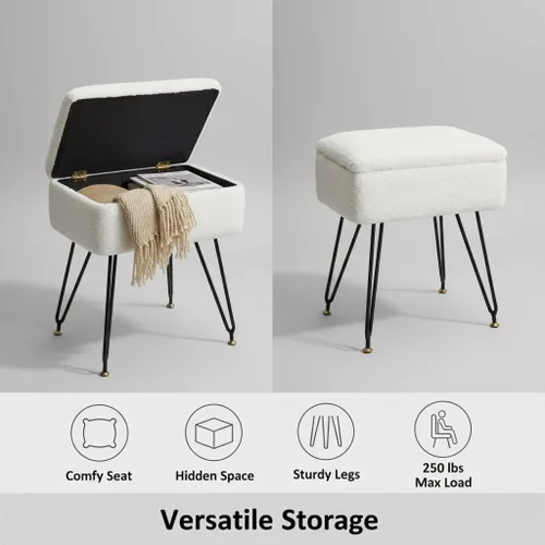 Miniatura 3 de Taburete de tocador, taburete otomano de piel sintética de peluche con patas de metal y pies negros ajustables, silla de maquillaje con Blanco