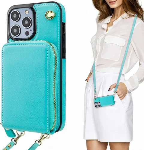 Miniatura 12 de KIHUWEY Funda tipo cartera cruzada para iPhone 14 Pro Max, funda con bolsillo con cremallera y soporte para tarjetas, funda protectora de piel Marrón